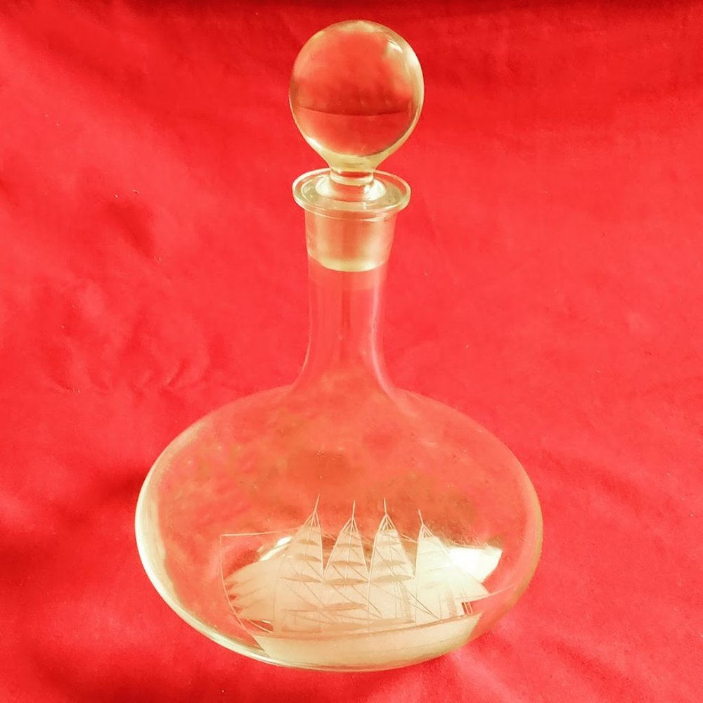 Vintage Tuscany Decanter with Stopper Etched Ship Design with Wide Base